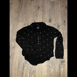 Lucky Brand Black Linen Floral Lughtweight Button Up Women’s Small